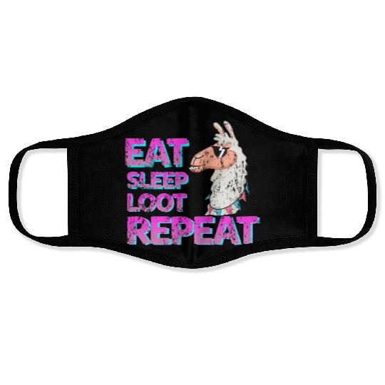cool Llama eat sleep loot Face Masks