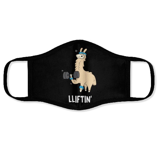 Lama in the gym - lifting weights Face Masks