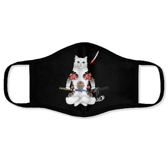 Japanese Samurai Cat Katana Ninja Yakuza Tattoo Face Masks