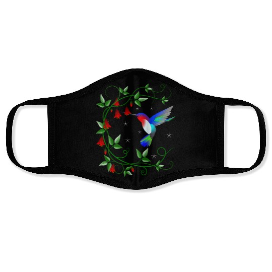 Hummingbird with red flowers Face Masks