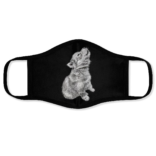 Cute Baby Howling Wolf Cub Sketch Face Masks