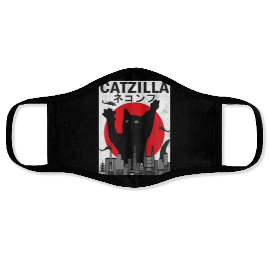 Vintage Catzilla Japanese Sunset Style Face Masks