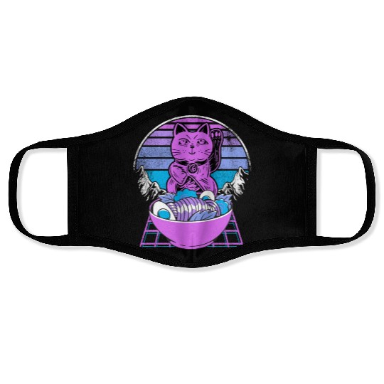 Ramen Maneki Neko Cat Kawaii Retrowave Sunset 80s Face Masks