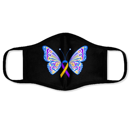 Bladder Cancer Purple Yellow Blue Ribbon Butterfly Face Masks