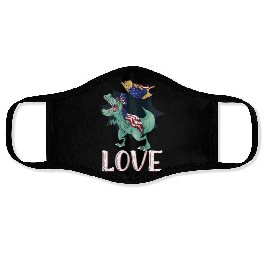 Love America Cat Dinosaur USA Flag 4th Of July Face Masks