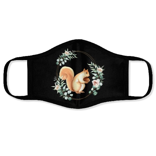Squirrel Holding An Acorn in a Floral Gold Wreath Face Masks