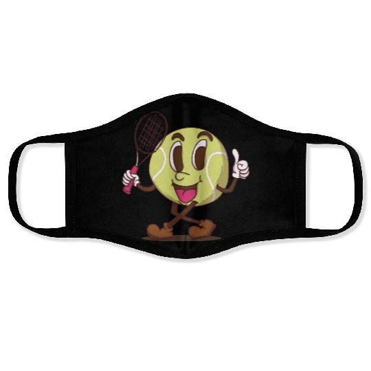 funky tennis ball walking cartoon face retro style Face Masks
