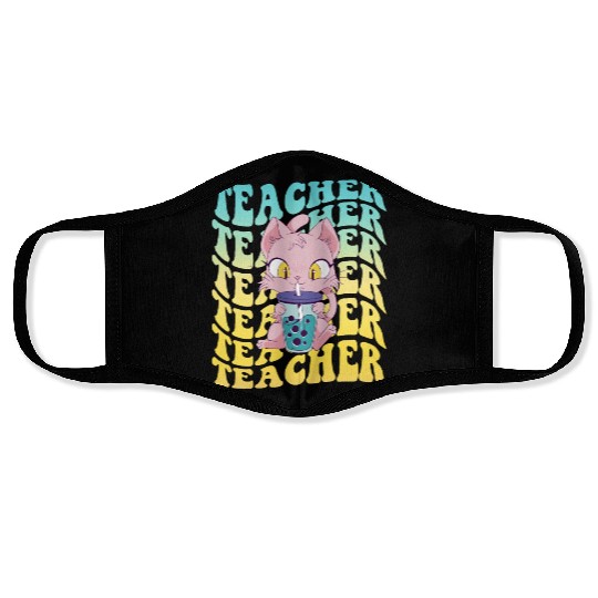 Boba Tea Teacher Kawaii Cat Groovy Back To School Face Masks