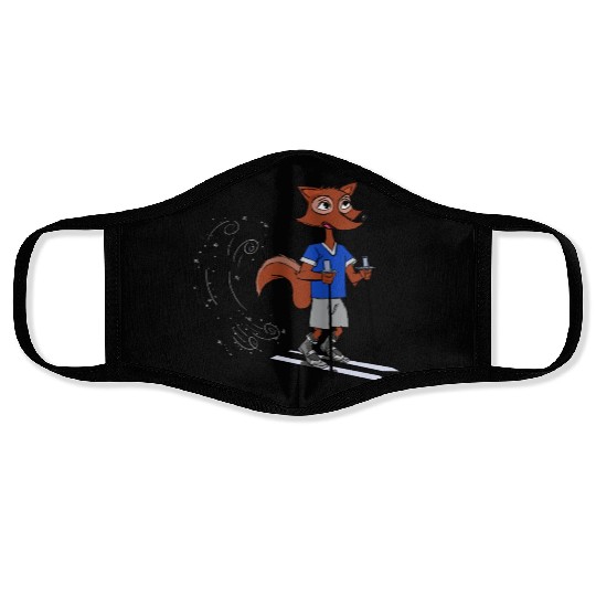 Winter fox goes skiing with polls and boots blue Face Masks