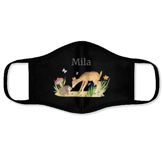 Forest Animal Deer Hedgehog Flowers Name Mila Face Masks