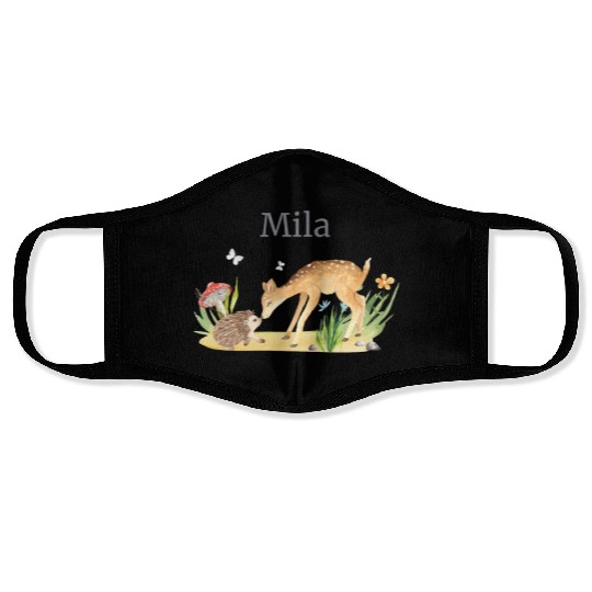 Forest Animal Deer Hedgehog Flowers Name Mila Face Masks