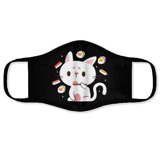 Kawaii Cat Eating Sushi Japanese Raw Food Face Masks