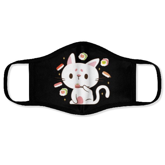 Kawaii Cat Eating Sushi Japanese Raw Food Face Masks