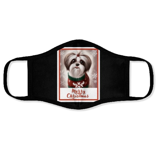 Shih tzu dog in a Christmas reindeer sweater. Face Masks