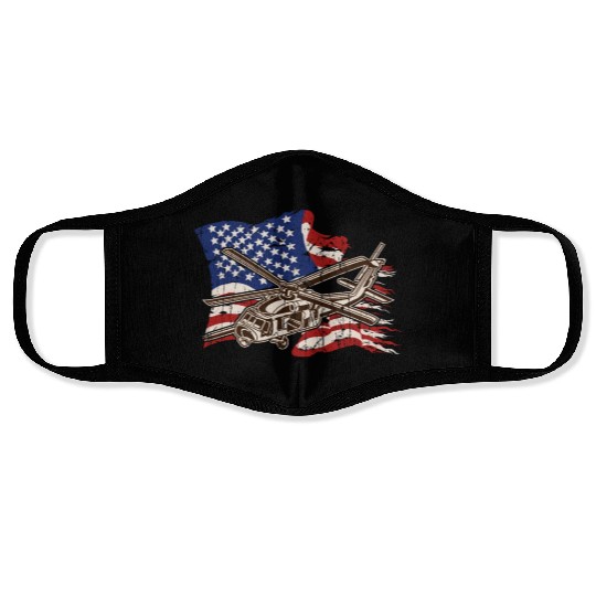 Helicopter with american flag background - chopper Face Masks