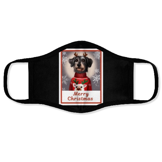 Miniature Black Schnauzer in a Christmas sweater. Face Masks