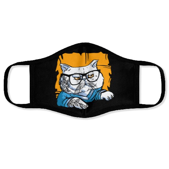 Stylish Nerd Persian Cat Beanie Glasses Tattoo Face Masks