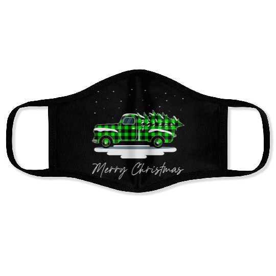 Truck Merry Christmas Buffalo Plaid Green Xmas Face Masks