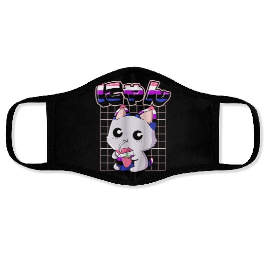 Genderfluid Pride Kawaii Cat Strawberry Milk Face Masks