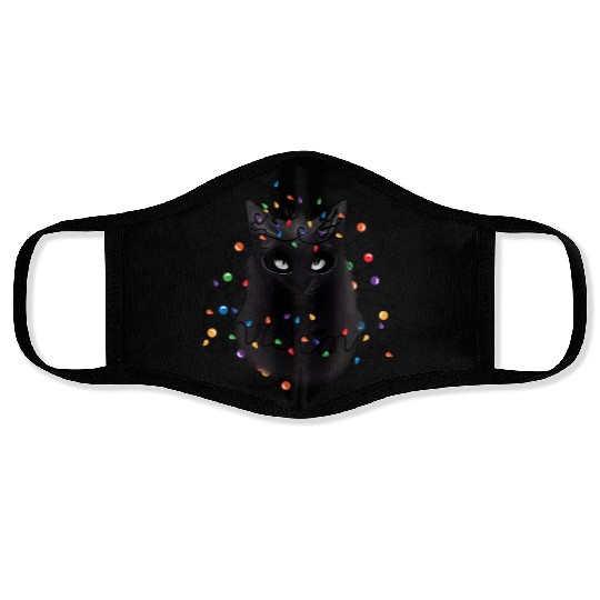 Black Cat christmas light Face Masks