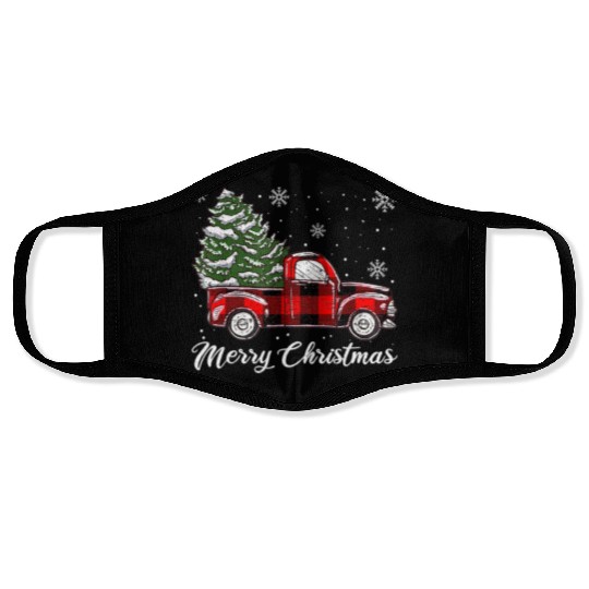 Xmas Tree Red Truck Pajama Buffalo Plaid Truck Face Masks