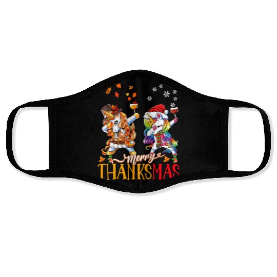 Merry Thanksmas funny unicorn Thanksgiving xmas Face Masks
