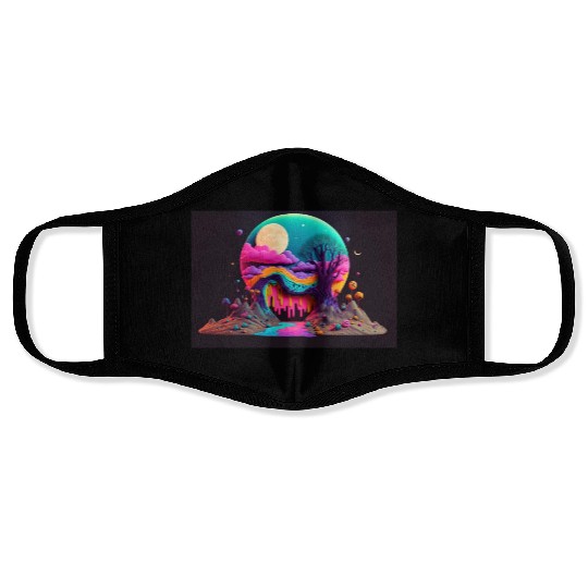 Spooky Full Moon Psychedelic Landscape Paint Drips Face Masks