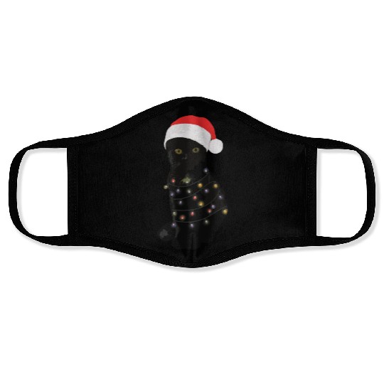 Black Cat Christmas Light Funny Cat Lover Face Masks