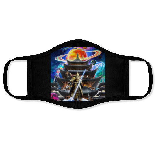 Painting of a warrior fighting in an alien world. Face Masks