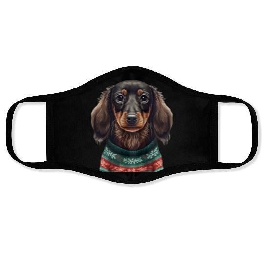 Festive Dachshund in a Christmas Sweater Face Masks