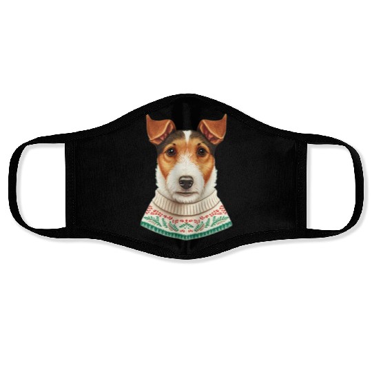 Festive Fox Terrier in a Christmas Sweater Face Masks