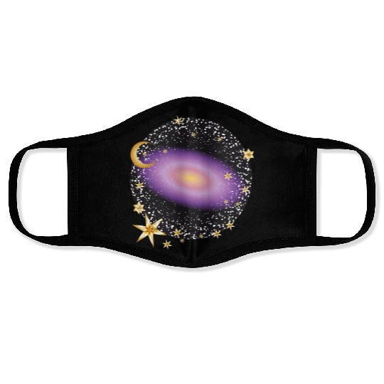 glowing violet galaxy with moon and stars Face Masks