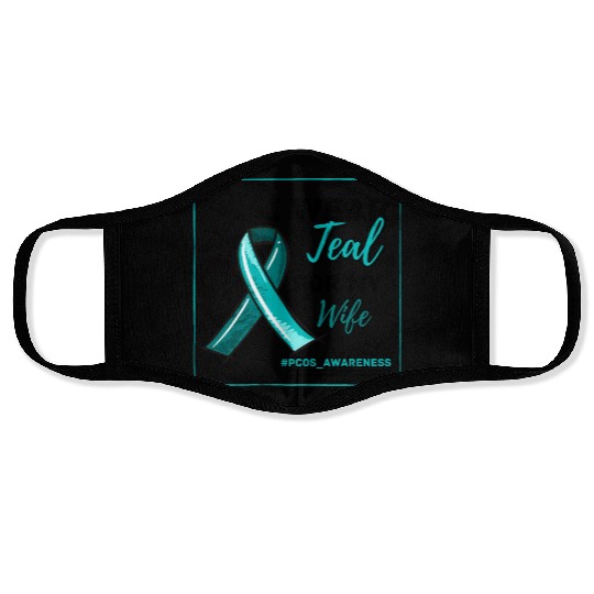 I Wear Teal For My Wife PCOS Teal Ribbon Awareness Face Masks