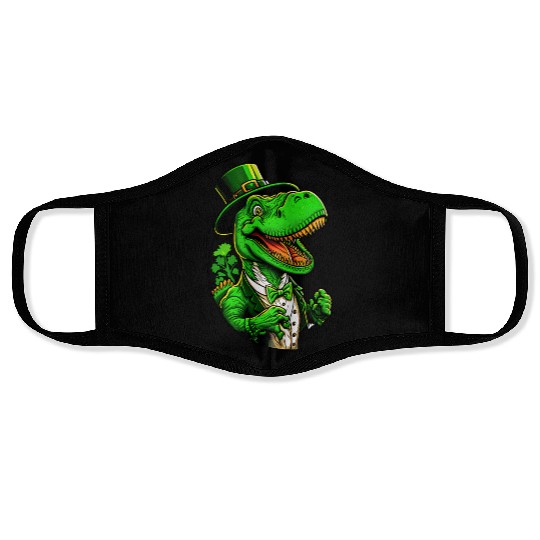 St Patricks Day T-rex Dinosaur With Top Hat Face Masks