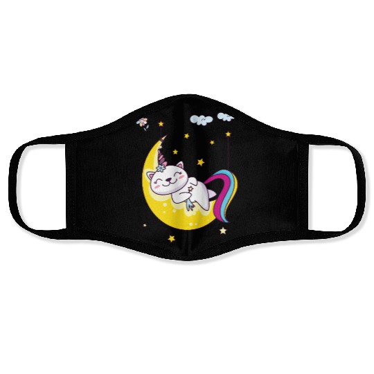Unicorn pony cat on the moon, magic sleeping time Face Masks