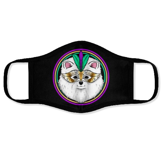 Pomeranian Or Samoyed Dog With Mask For Mardi Gras Face Masks