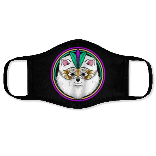 Pomeranian Or Samoyed Dog With Mask For Mardi Gras Face Masks