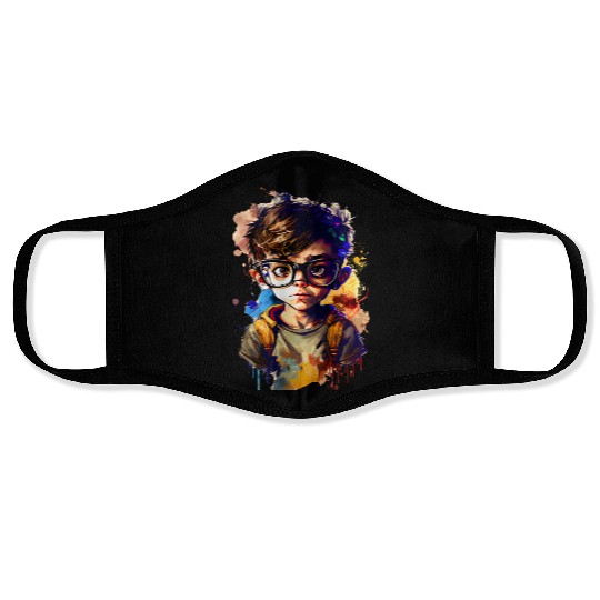 Cartoon little boy with glasses color two Face Masks