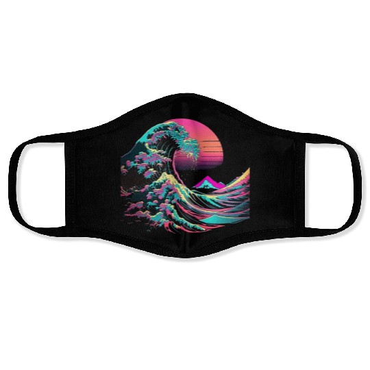 Vaperwave Aesthetic Glitch Great Wave Retrowave Sy Face Masks