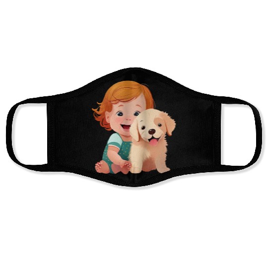 Sweet baby smiling with lovely puppy Face Masks