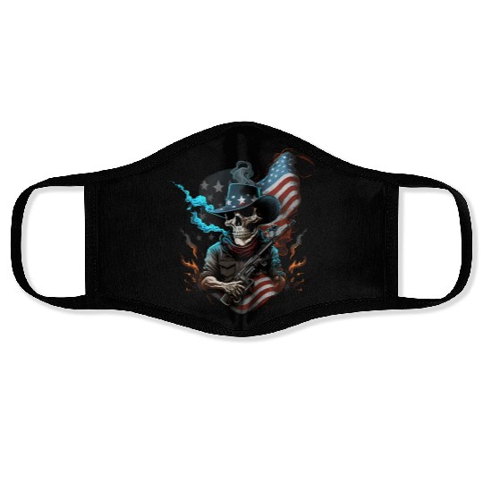Skeleton with a gun, American flag Face Masks
