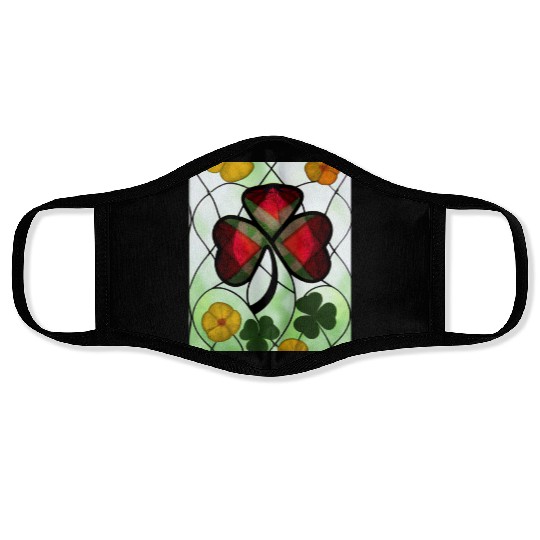 Red plaid Shamrock with Yellow Poppies (AI Art) Face Masks