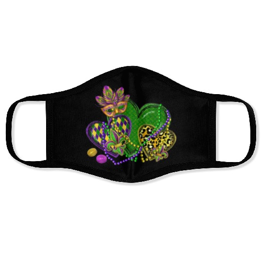 Mardi Gras Hearts Leopard Print Fleur de lis Symbo Face Masks