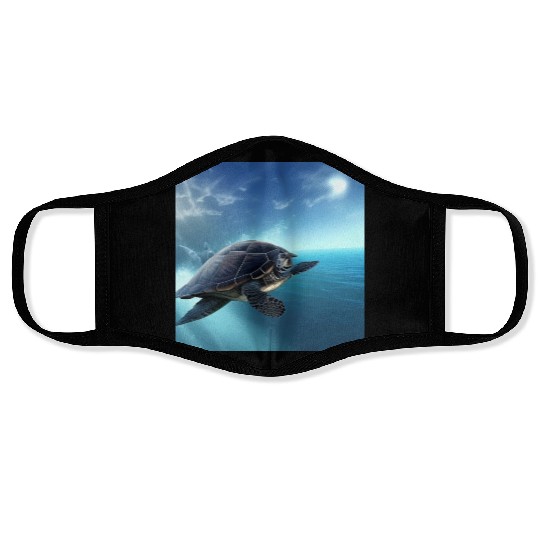 Turtle swimming in the blue ocean print Face Masks