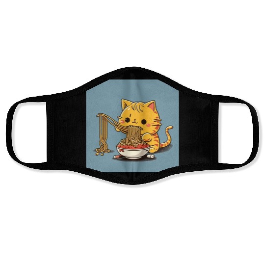 Japanese cat eating spaghetti Face Masks