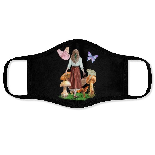 CottageCore girl mushrooms frog butterflies Face Masks