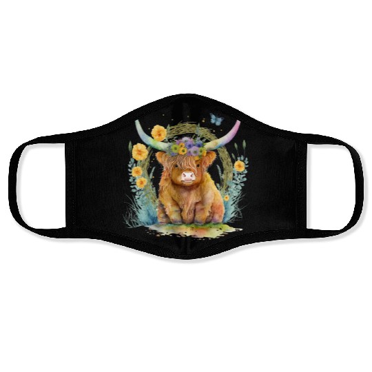 Highland Cow With Colorful Flowers Face Masks