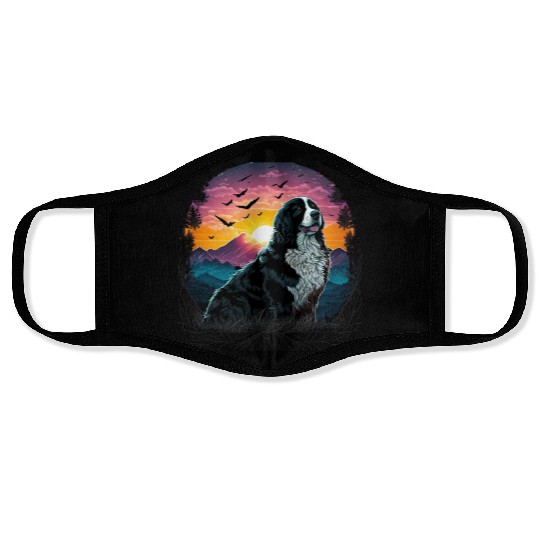 Bernese Mountain Dog with Mountain Sunrise view Face Masks