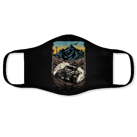dirt racing car drawing with mountains Face Masks