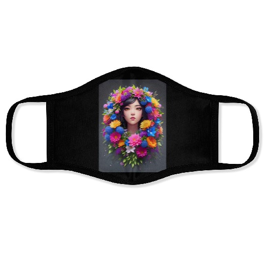 Spring Girl with a bouqet of flowers garland #14 Face Masks